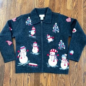 TALBOTS | Snowman Holiday Zippered Cardigan, Charcoal Grey w/ Appliqués | Sz M